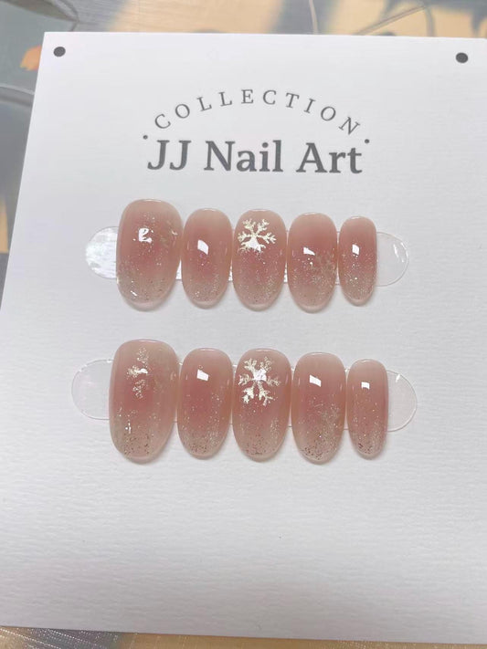 Crystal Snow Flakes Hand Painted Press On Nails:  Custom Shape Reusable Nails