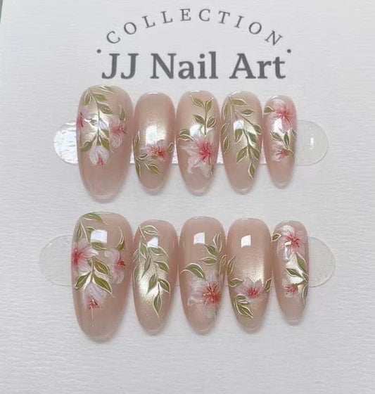 Handmade Floral Press On Nails: Reusable Set, Cat Eye Design