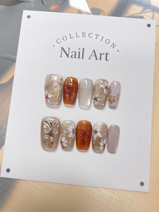 Butterfly Flower Cat Eye Press On Nails: Hand Painted Reusable Faux Nails
