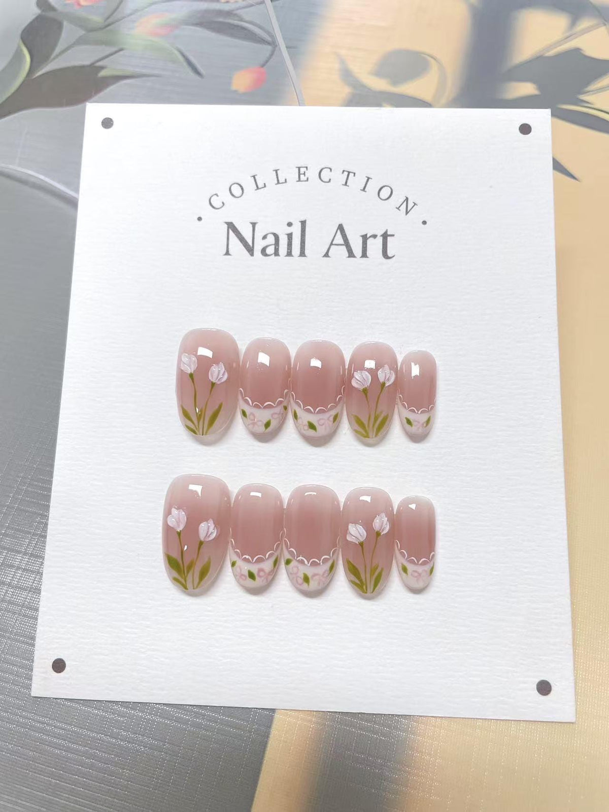 Custom Nail Shape Hand Painted Tulip Press On Nails, Lace French Faux Nails, Reusable