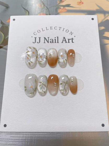 Handmade White Flowers Press On Nails: Reusable Set