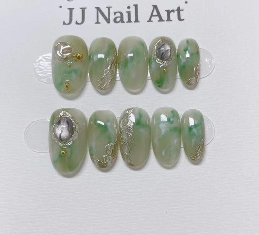 Green Smudge Handmade Press On Nails: Reusable Custom Shape Set