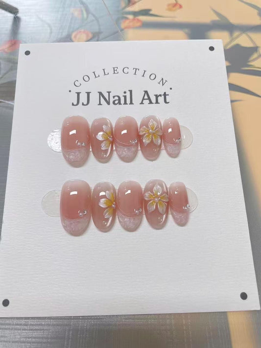 Handmade Pearlescent 3D Petals Press On Nails: Reusable Set