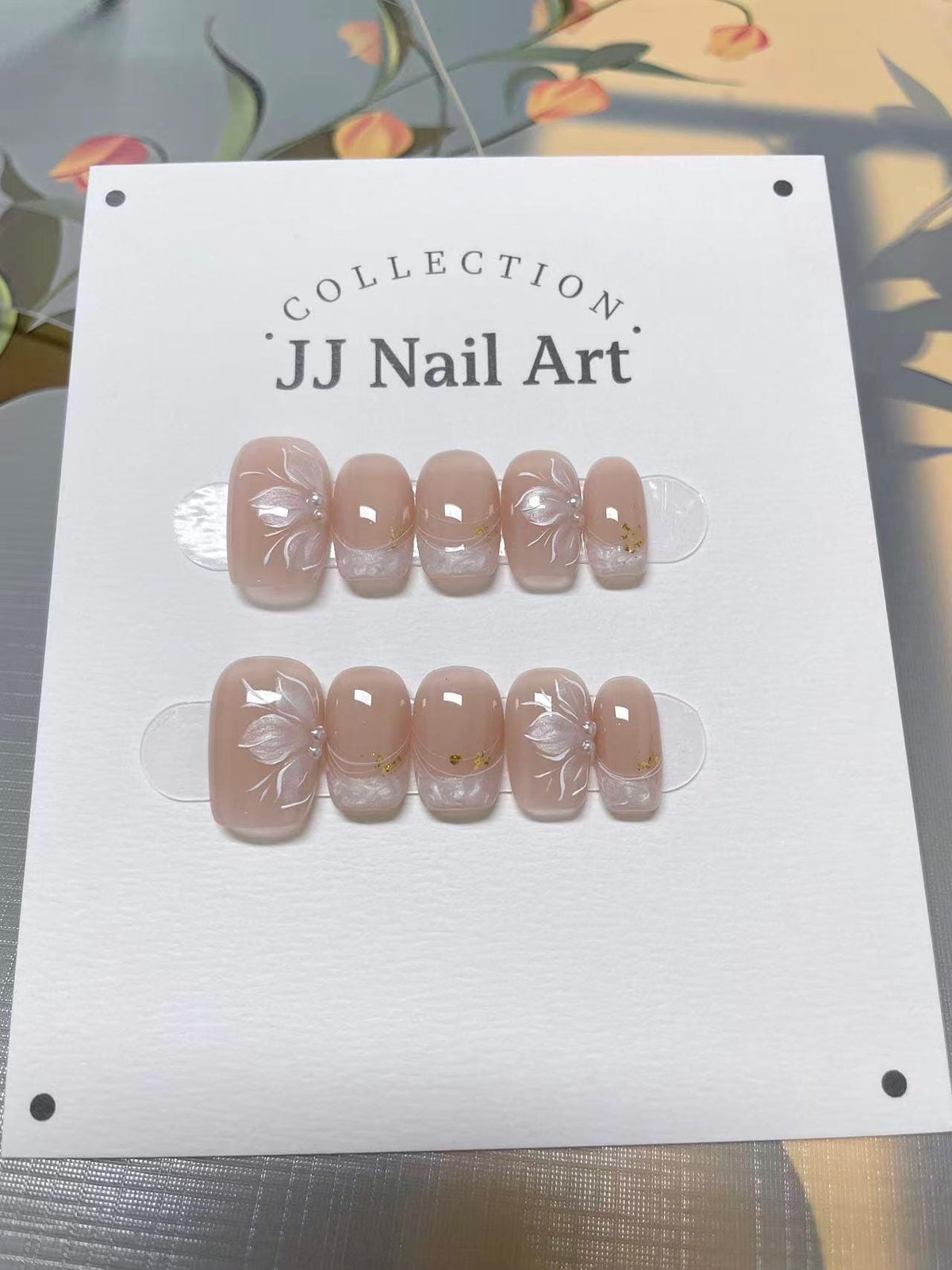 Petals Pearlescent French Hand Painted Press On Nails: Custom Shape Reusable Nail Set