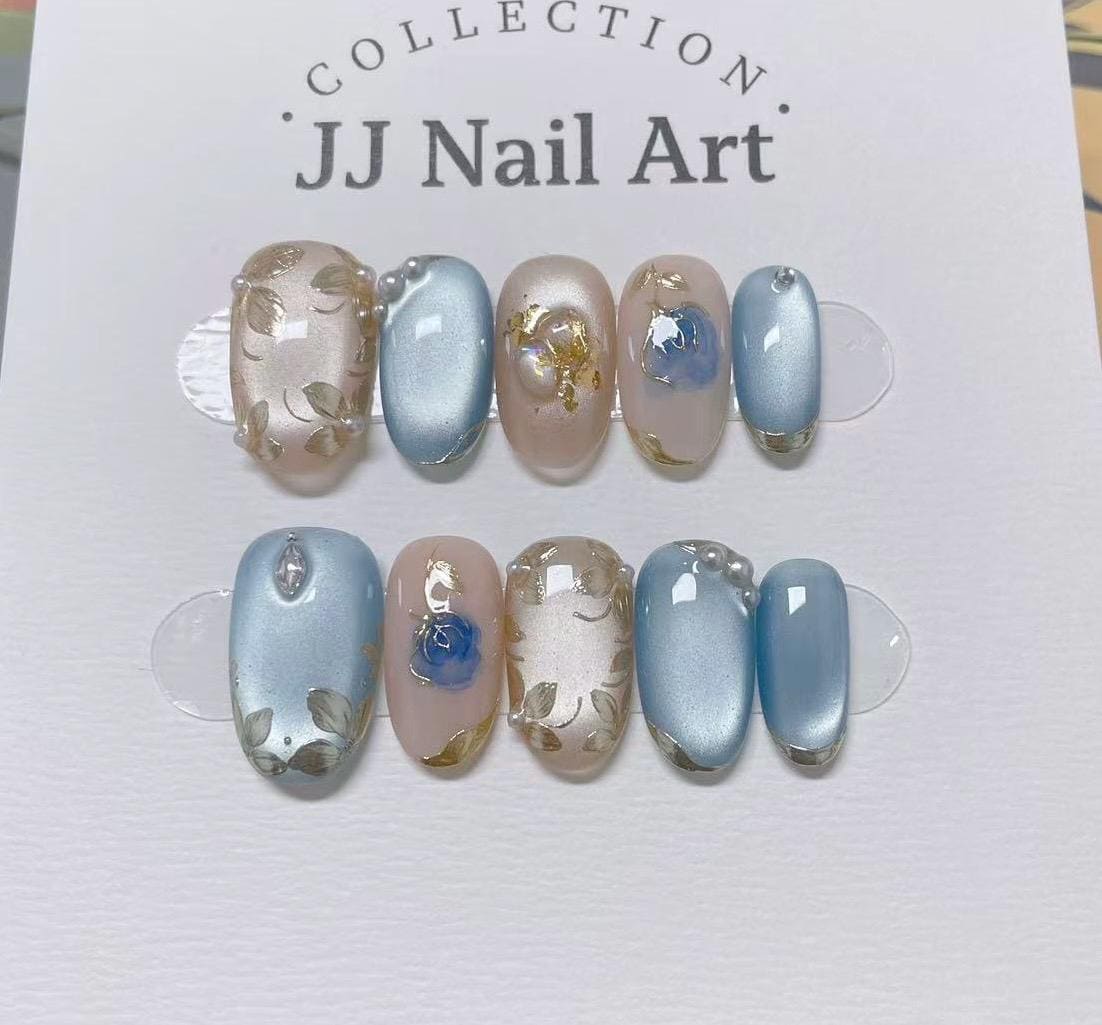 Blue Cat Eye Floral Press On Nails: Reusable Custom Shape Set