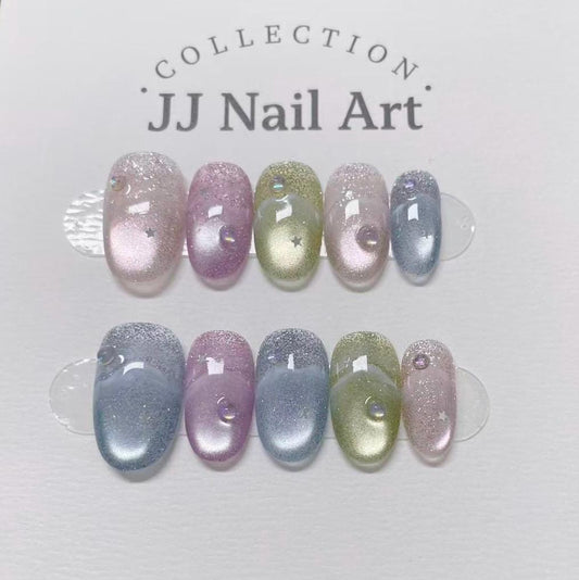 Pastels Glitters Handmade Press On Nails: Custom Shape Reusable Set