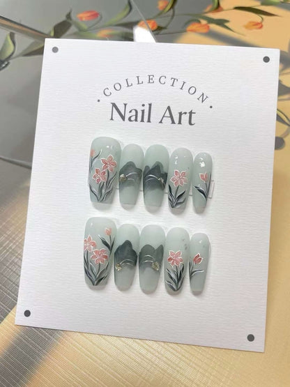 Hand Painted Press On Nails: Fall Floral Gel Faux Nails