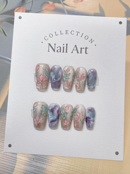 Hand Painted Smudge Cat Eye Press On Nails: Reusable Artist Faux Nails