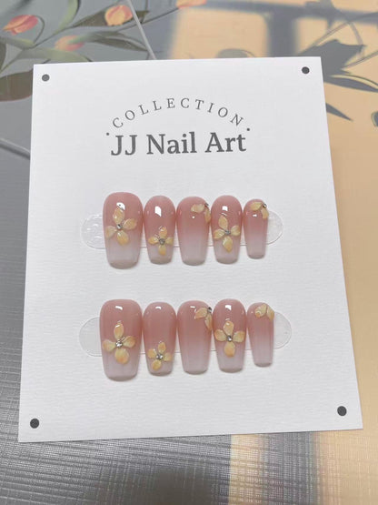 3D Yellow Petals Ombre Press On Nails: Hand Painted Reusable Fake Nails