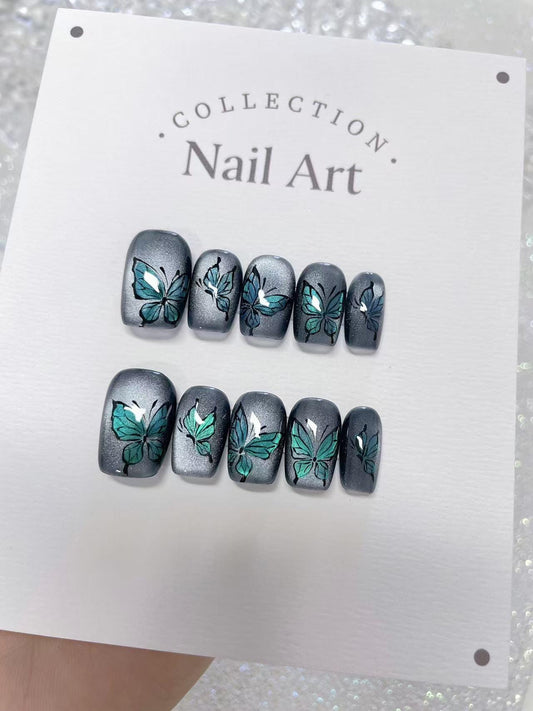 Butterfly Cat Eye Press On Nails: Hand Painted Reusable Faux Nails
