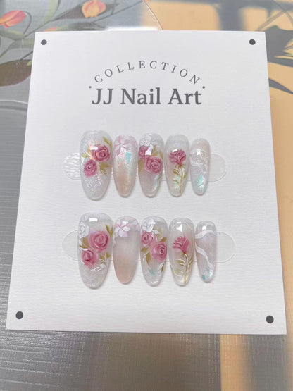 Hand Painted Pink Roses Press On Nails: Reusable Artist Faux Nails