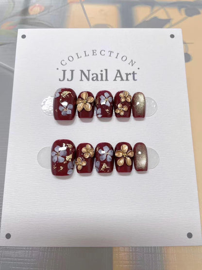 Gold Flowers With Burgundy Hand Painted Press On Nails: Custom Shape Reusable Nail Set