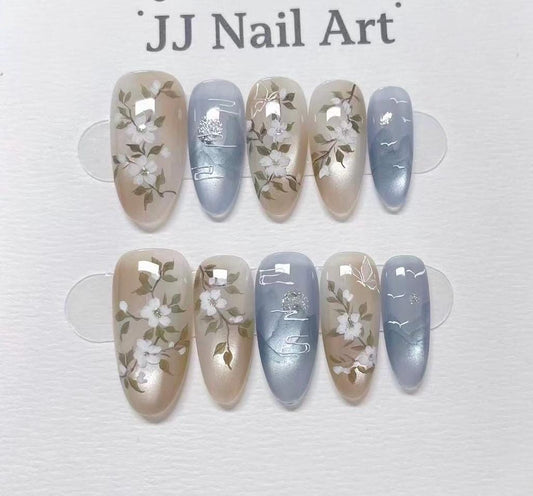 Hand-Painted Flowers French Cat Eye Press On Nails: Reusable Custom Set