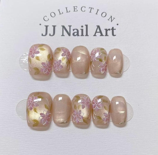 Pink Flowers Cat Eye Press On Nails: Custom Shape Reusable Set
