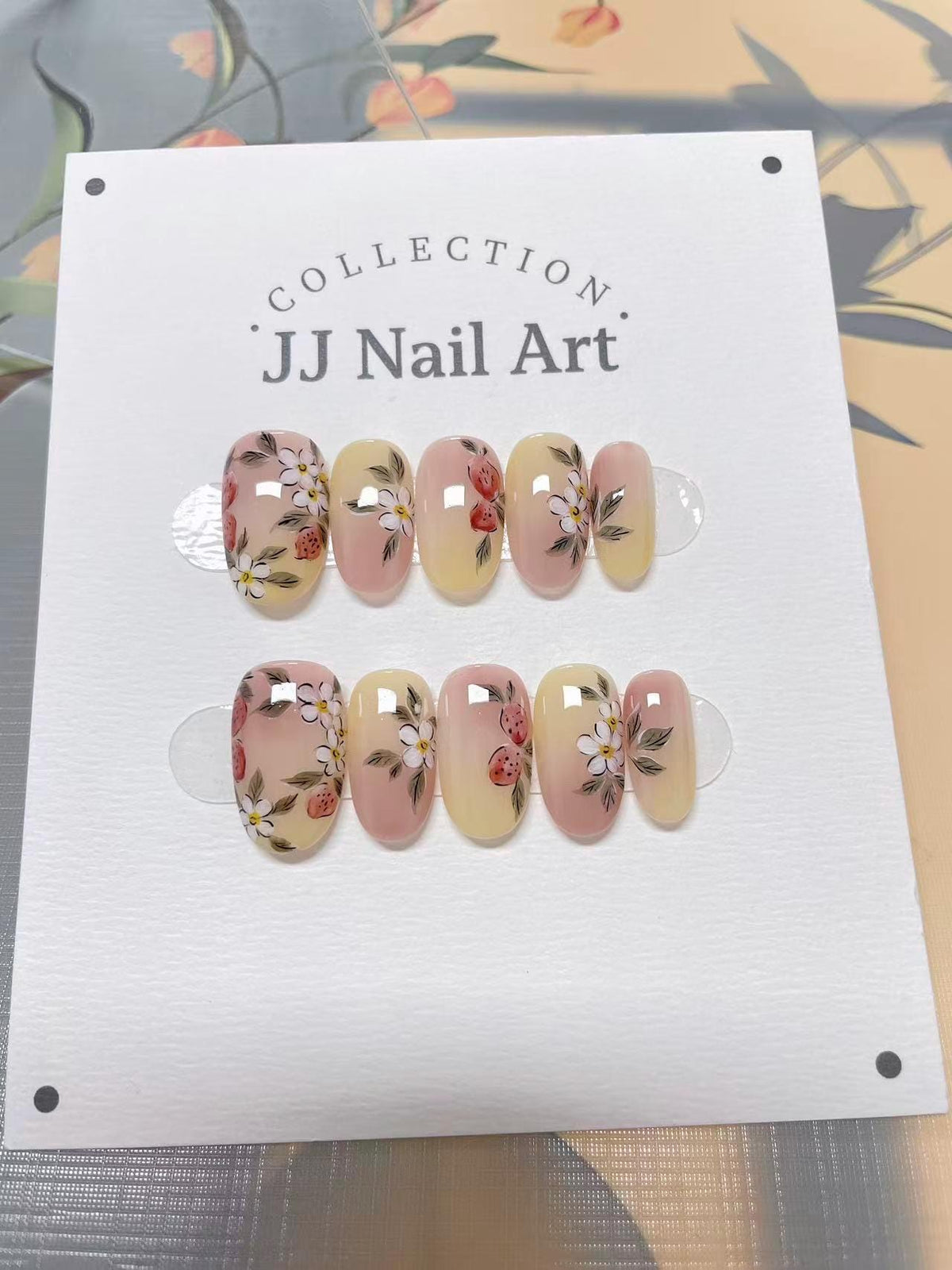 Yummy Strawberries Hand Painted Press On Nails: Custom Shape Reusable Nail Set