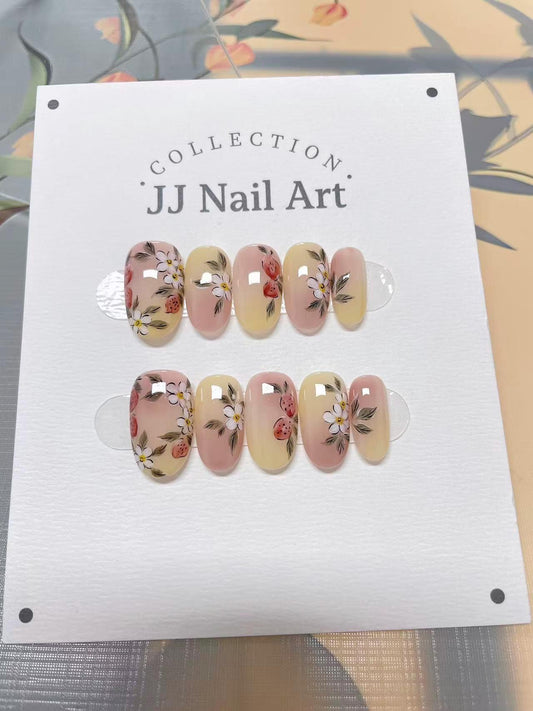 Yummy Strawberries Hand Painted Press On Nails: Custom Shape Reusable Nail Set