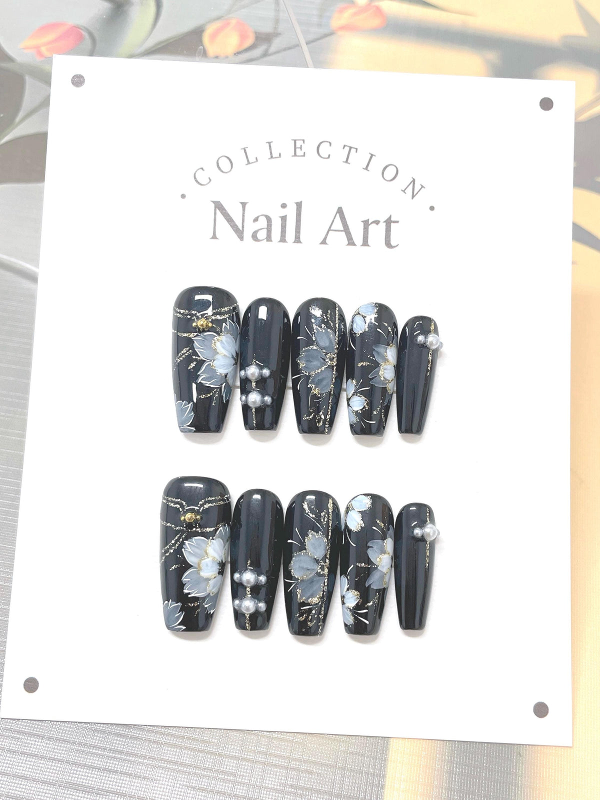 Hand Painted Flower Press On Nails: Elegant Artist Faux Nails