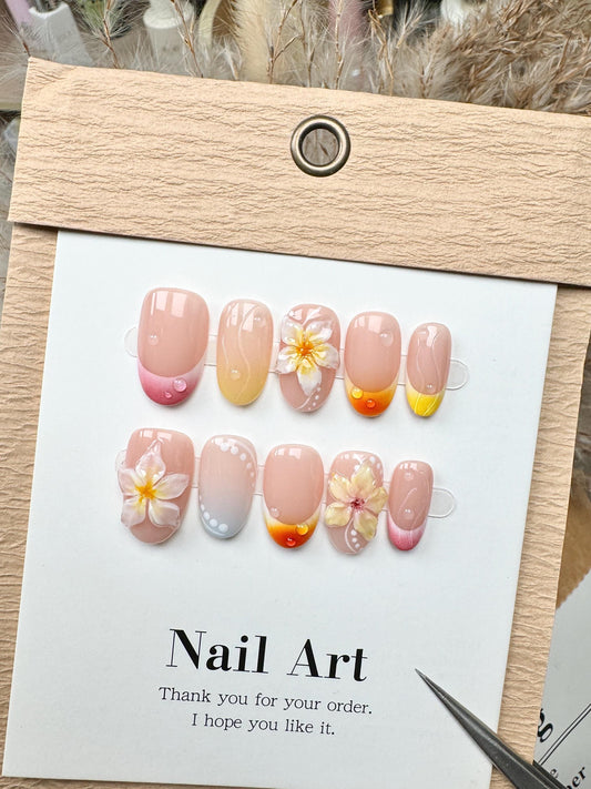 3D Flower Press On Nails: Dopamine Colors, Hand Painted, Reusable