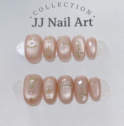 Handmade Peach Cat Eye Cross Press On Nails: Reusable Set