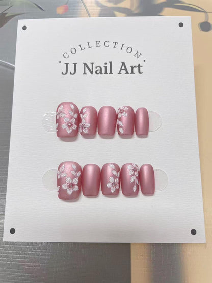 Pink Matte Embroidery Petals Effect Press On Nails: Hand Painted Reusable Fake Nails