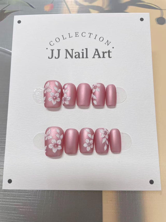Pink Matte Embroidery Petals Effect Press On Nails: Hand Painted Reusable Fake Nails
