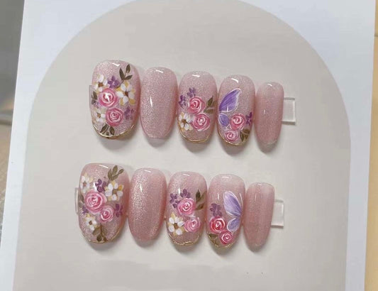 Handmade Pink Rose Cat Eye Press On Nails: Reusable Coquette Faux Nails