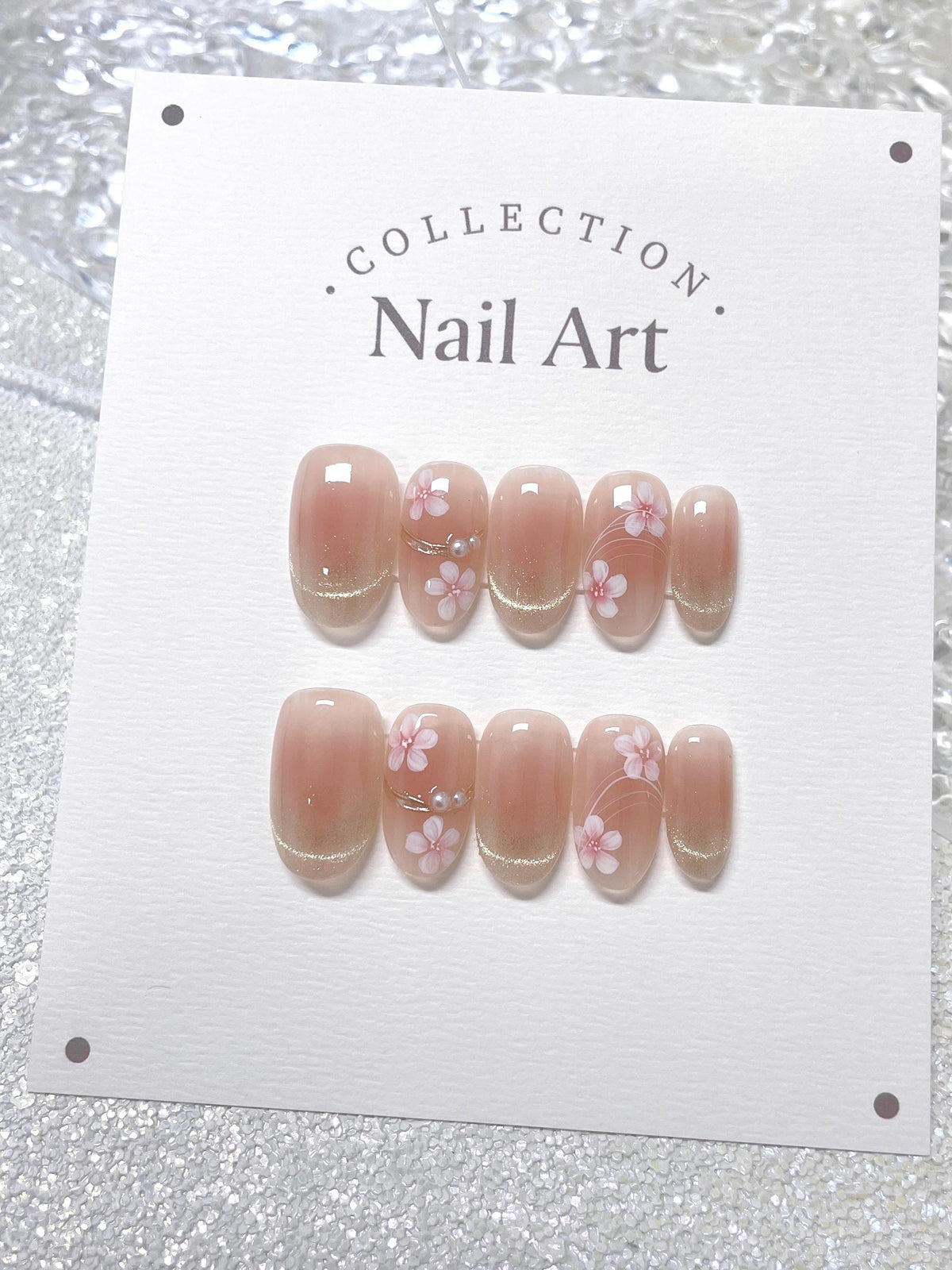 Pink Flower Cat Eye Press On Nails: Hand Painted Reusable Faux Nails
