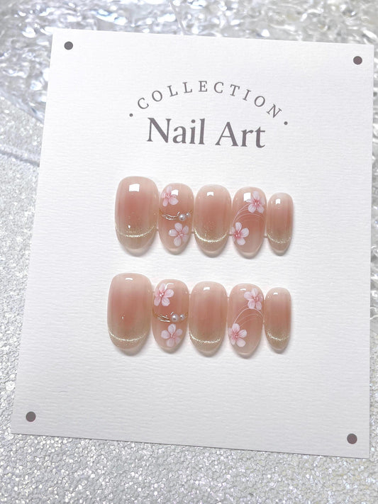Pink Flower Cat Eye Press On Nails: Hand Painted Reusable Faux Nails