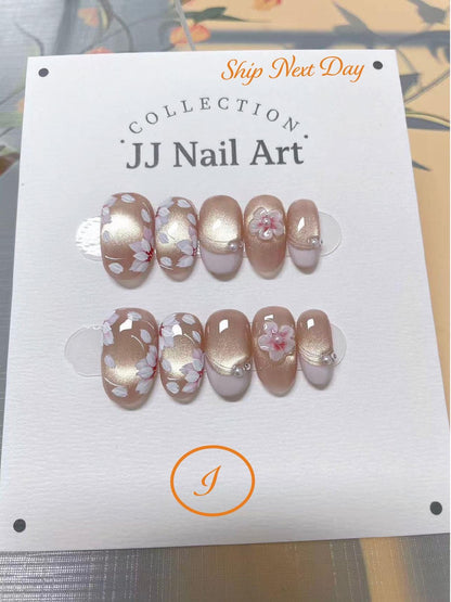 Cat Eye Petals French Hand Painted Press On Nails: Custom Shape Reusable Nail Set