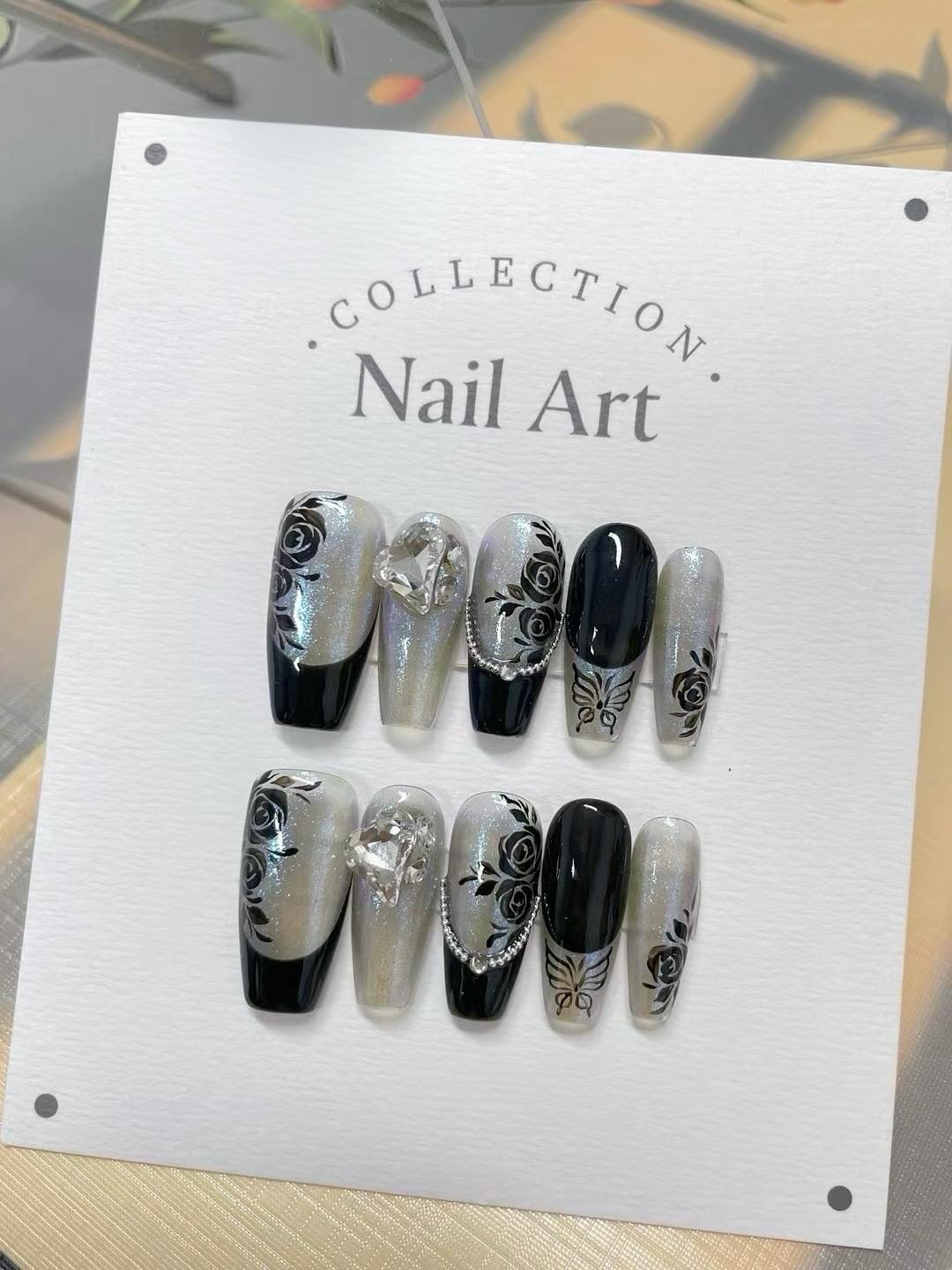 Black Rose Press On Nails: Hand Painted Diamond Accent Faux Nails