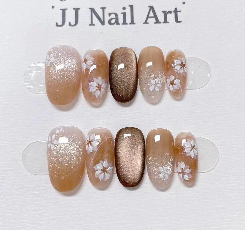 White Petals Brownish Cat Eye Press On Nails: Custom Shape Reusable Nail Set