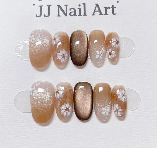 White Petals Brownish Cat Eye Press On Nails: Custom Shape Reusable Nail Set