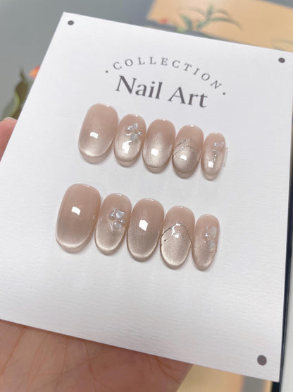 Handmade Nude Pearlized Press On Nails, Artist Faux Nails, Reusable