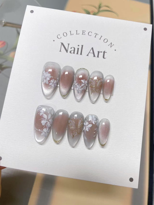 Gold Floral Outline Press On Nails: Hand Painted Reusable Faux Nails