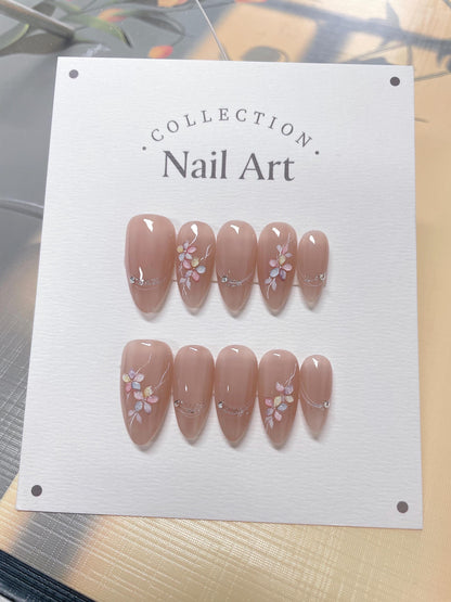 Hand Painted Flower Press On Nails: Reusable Elegant Faux Nails