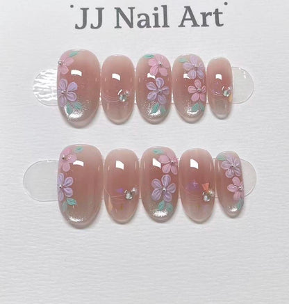 Spring Petals Hand Painted Press On Nails: Custom Shape Reusable Nail Set