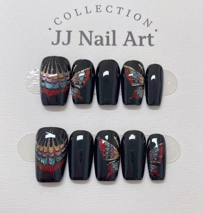 Handmade Butterfly Press On Nails: Reusable Black Set