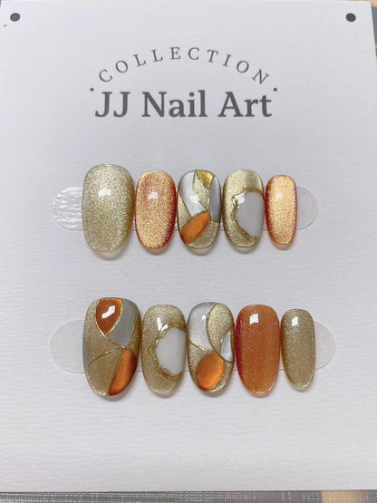 Custom Shape Press On Nails: Stain Glass Cat Eye Hand Painted, Reusable Fake Nails
