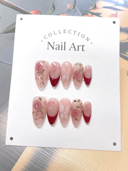 Red Roses Press On Nails: Hand Painted Reusable Faux Nails