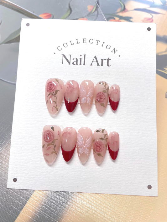 Red Roses Press On Nails: Hand Painted Reusable Faux Nails