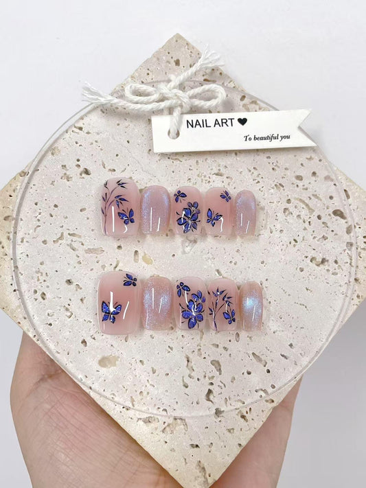 Blue Butterfly Press On Nails: Hand Painted Reusable False Nails