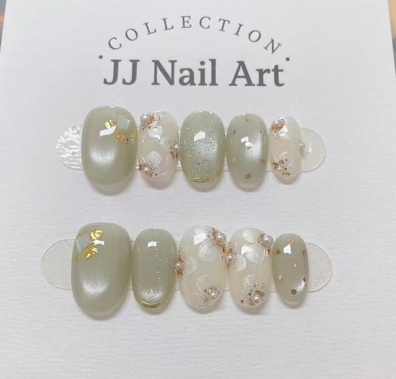 Handmade Jade Cat Eye Pearls Press On Nails: Reusable Set