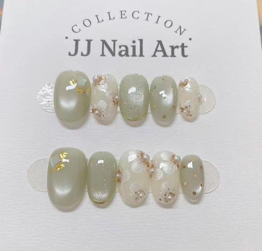 Handmade Jade Cat Eye Pearls Press On Nails: Reusable Set