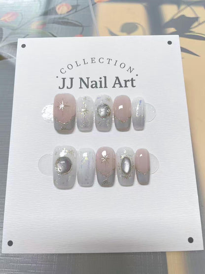 Vintage Stars Hand Painted Press On Nails: Custom Shape Reusable Nail Set