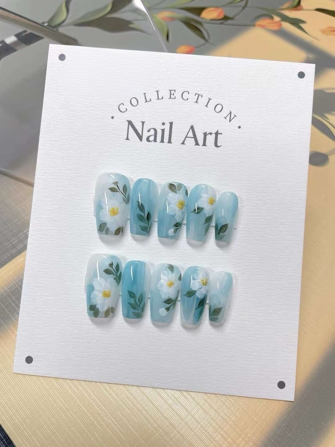 Hand Painted Press On Nails: Fall Floral Gel Faux Nails