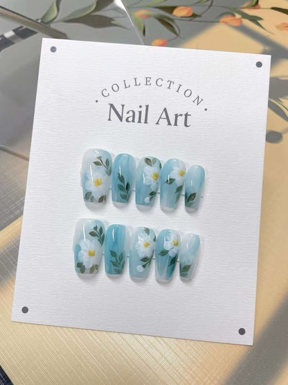 Hand Painted Press On Nails: Fall Floral Gel Faux Nails