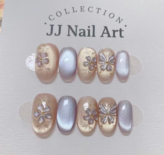Handmade 3D Floral Press On Nails: Reusable Set, Butterfly Accent