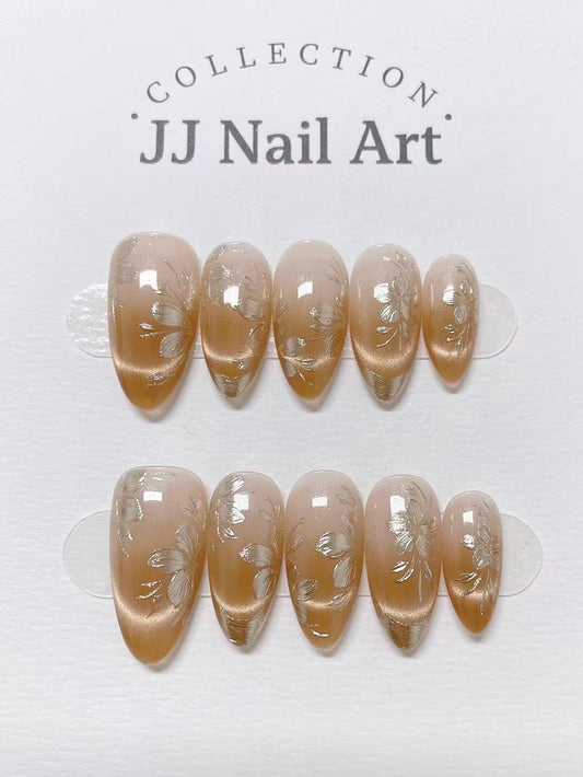 Custom Shape Press On Nails: Gold Gel Florals, Reusable Fake Nails