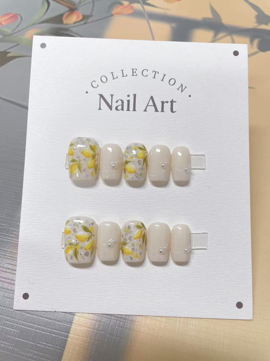 Hand Painted Yellow Floral Press On Nails: Beaded Reusable Faux Nails