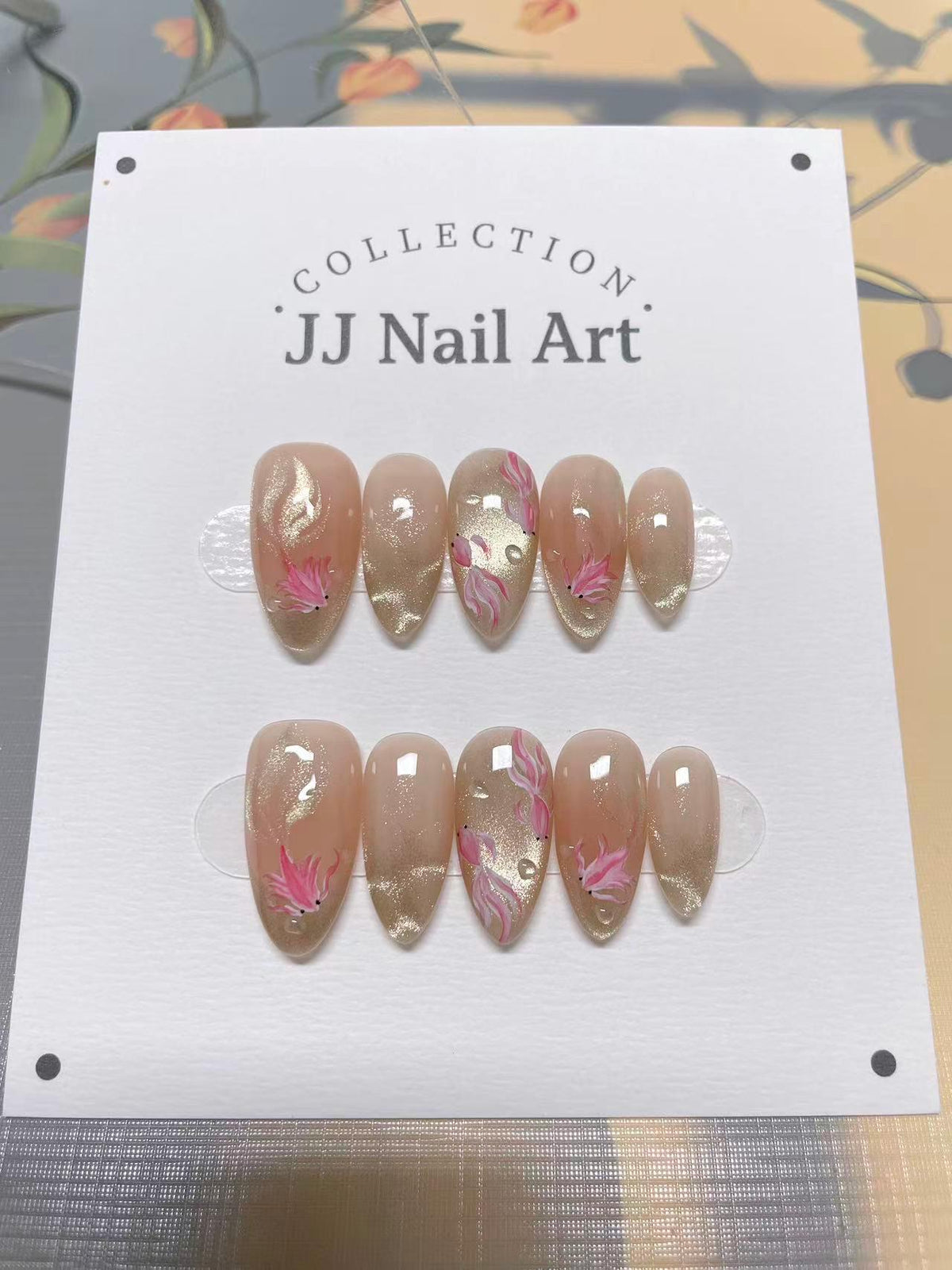 Custom Nail Shape Hand Painted Fish Press On Nails: Water Ripple Design, Reusable